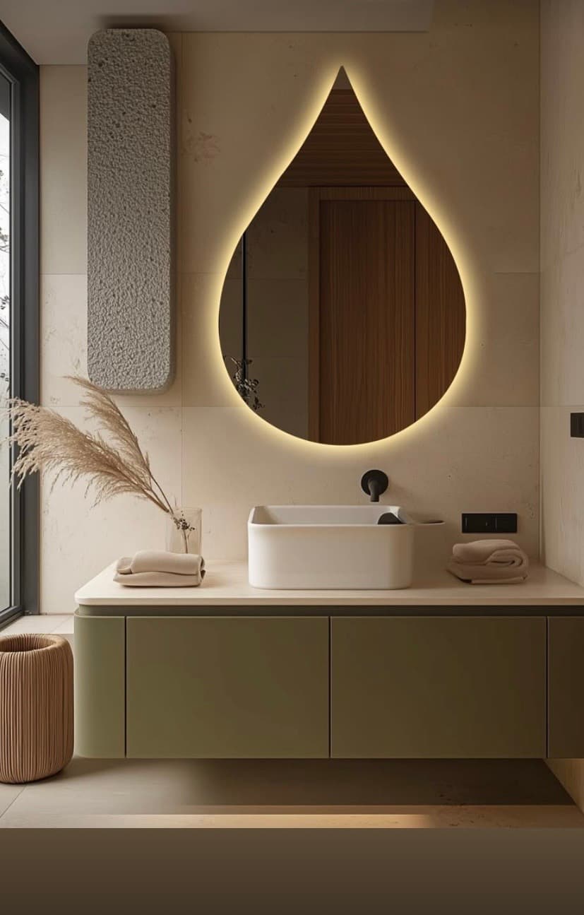 Teardrop-shaped LED vanity mirror with soft warm backlighting mounted above a modern bathroom sink.